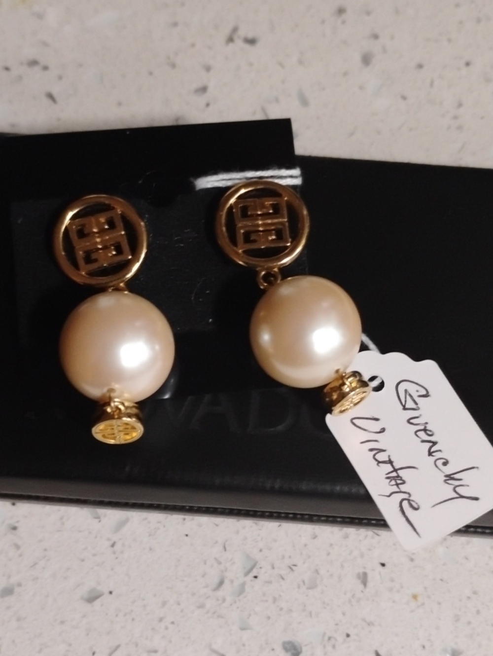 Givenchy Gold and Cream Pearl Drop Logo Earrings
